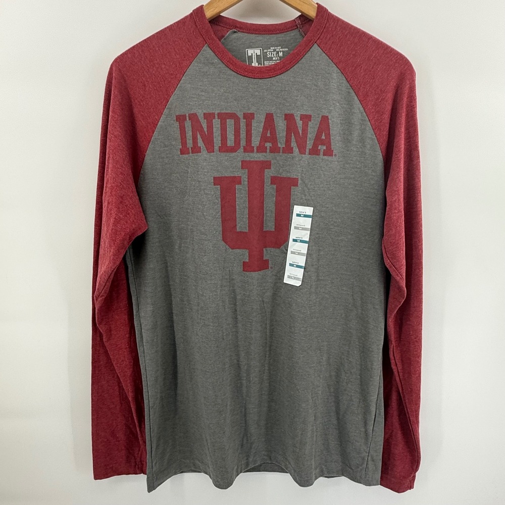 University Indiana Hoosiers Mens Raglan Long Sleeve T-Shirt Heather Grey Red M